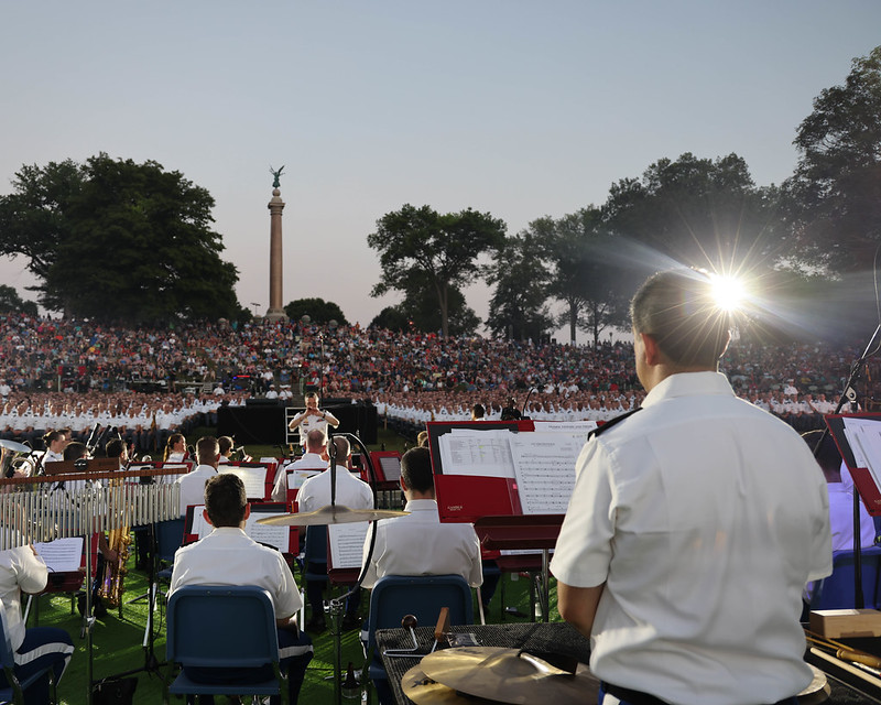 The West Point Concert Band performs at Trophy Point before the Corps of Cadets