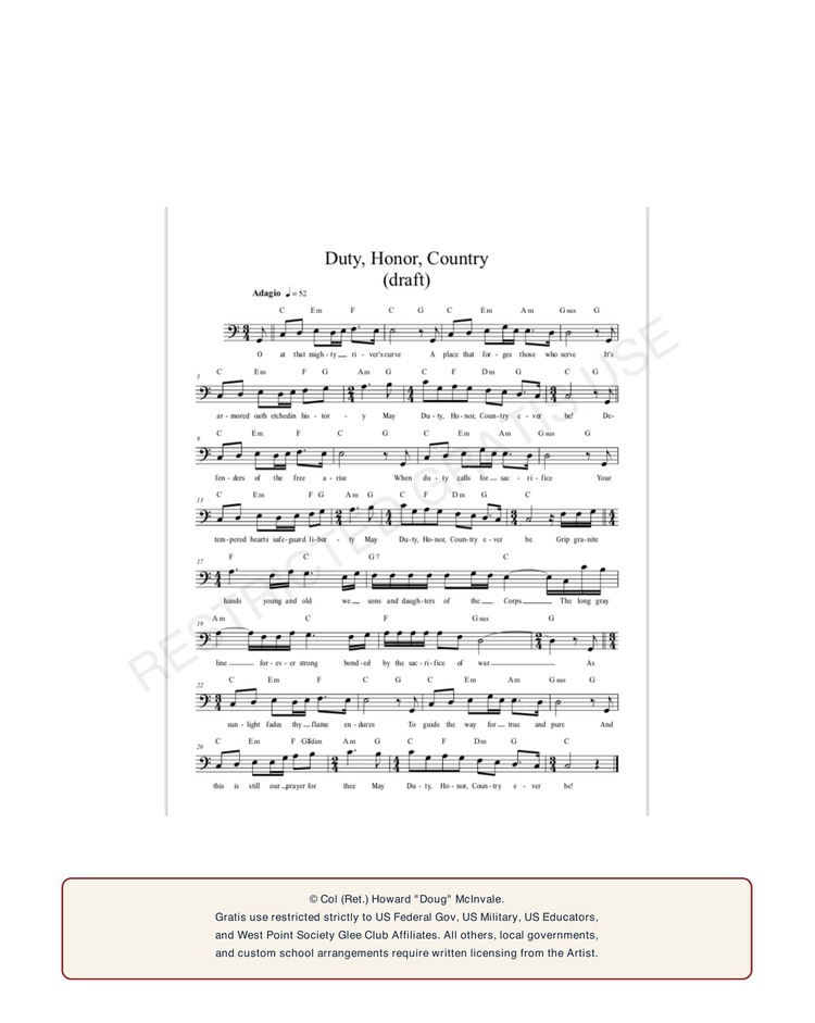 Actual one-page Duty, Honor, Country sheet music showing the melody, lyrics, and printed chord symbols